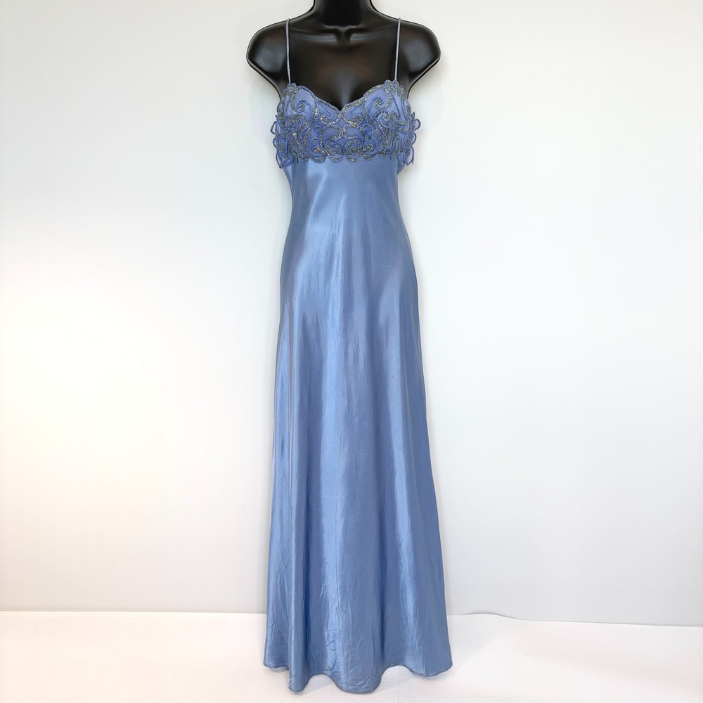 Vintage y2k Fairy De Laru by Sheila Yen Maxi Dress Beaded Satin Formal Gown Blue